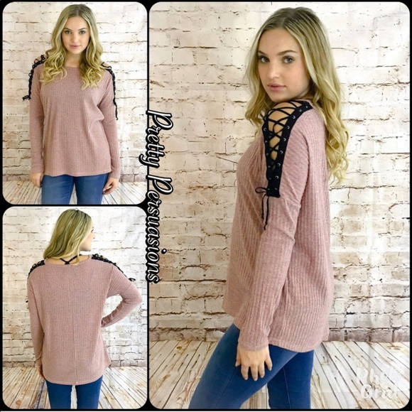 Blush Mauve Lace Up Shoulders Ribbed Top - Picture 7 of 8